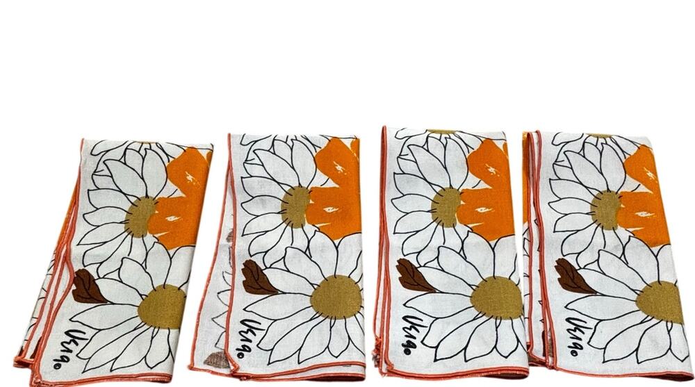 Vintage VERA cloth napkins matching set of 4 red orange flowers squares FLAWS